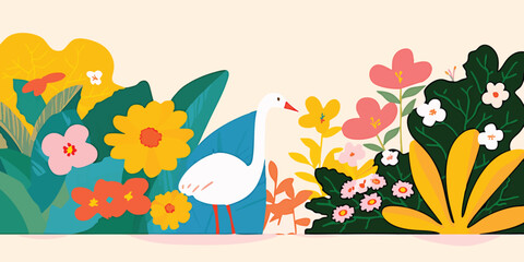 Obraz premium A vibrant illustration of a graceful bird amidst an array of colorful flora, celebrating the beauty of spring.