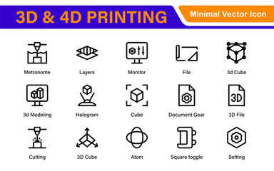 3D and 4D Printing Icons – Outline, Vector, and Line Art Illustrations for Printing Tech, Prototyping, Design, Engineering, and Innovation Projects