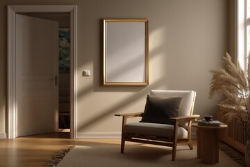 Fototapeta premium Elegant flat mockup of a poster frame on a warm neutral wall with modern cozy furnishings