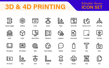 3D and 4D Printing Icons – Outline, Vector, and Line Art Illustrations for Printing Tech, Prototyping, Design, Engineering, and Innovation Projects