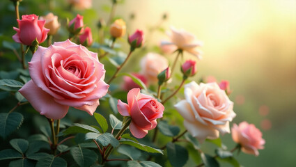 Fototapeta premium Beautiful Roses in Bloom with Sunlight in the Garden