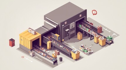Obraz premium Technical schematic of a waste sorting station showing conveyor system, waste containers, and flow arrows in the context of automated