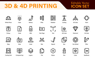 3D and 4D Printing Icons – Outline, Vector, and Line Art Illustrations for Printing Tech, Prototyping, Design, Engineering, and Innovation Projects