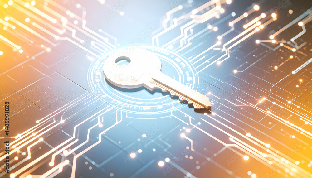 Poster glowing key on dark blue digital computer background with intricate circuitry network connecting to 