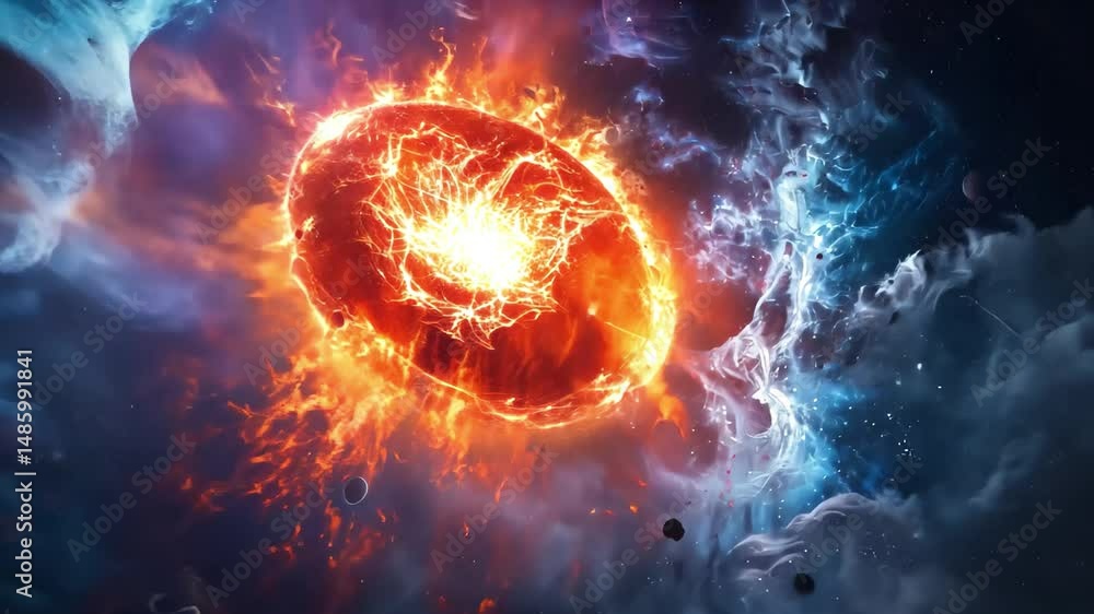 Poster vibrant cosmic explosion in deep space showcasing intense colors and intricate patterns of energy ag