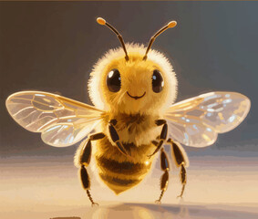 Cute 3D Cartoon Bee with Shiny Eyes and Transparent Wings in Soft Lighting