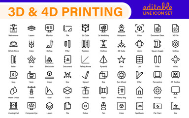 3D and 4D Printing Icons – Outline, Vector, and Line Art Illustrations for Printing Tech, Prototyping, Design, Engineering, and Innovation Projects