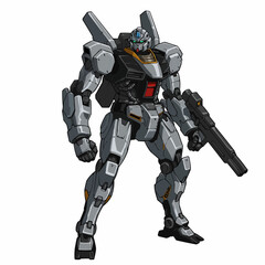 Detailed mech art. The machine has gray and black plating and a gun for combat