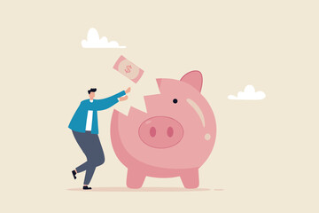 Fix financial problem, investment or saving impacted by crisis or inflation, bankruptcy, deposit or budget concept, poor cracked piggy bank with bandage metaphor of fixing problem.