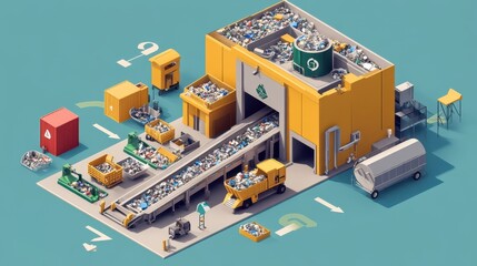 Technical schematic of a waste sorting station showing conveyor system, waste containers, and flow arrows in the context of automated