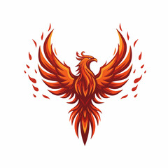 Vibrant red phoenix with fiery wings against white background, soaring in stylized art