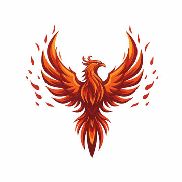 Vibrant red phoenix with fiery wings against white background, soaring in stylized art