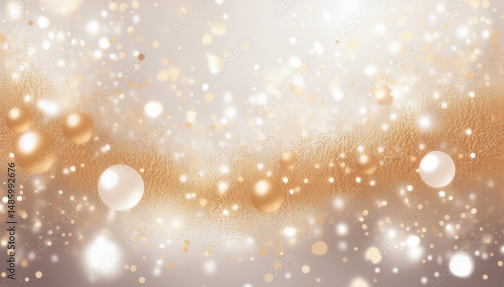 Poster gold and white glitter bokeh background with glowing spheres and sparkles for festive web design, ho