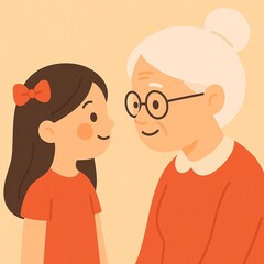 Fototapeta premium A flat-style digital illustration featuring a young girl and her grandmother sharing a warm moment while making eye contact. Both characters are smiling and dressed in coordinated red-orange tones.