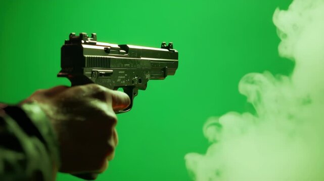 Hand aiming pistol in front of green screen with smoke emanating out