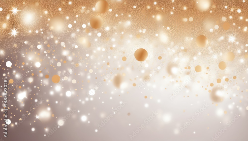 Poster gold and white glitter bokeh background with glowing spheres and sparkles for festive web design, ho