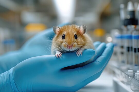 small light brown hamster resting on a blue-gloved hand in a laboratory setting with test tubes in the background