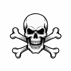 Black line art of a skull and bones on a white background