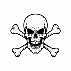 Black and white vector image of a skull and crossbones emblem on a white background
