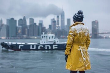 Fototapeta premium A person in a yellow coat stands by the water in winter, watching a boat with a city skyline in the background.