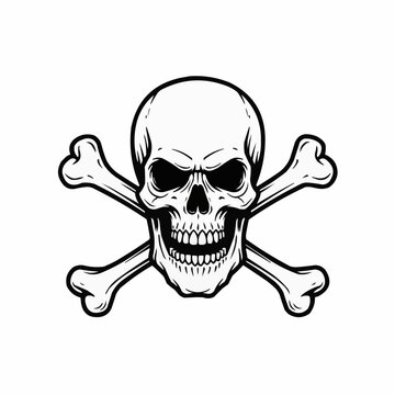Black and white vector image of a skull and crossbones emblem on a white background