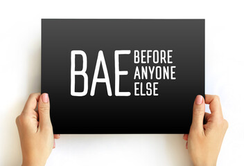 BAE - Before Anyone Else acronym text on card concept for presentations and reports