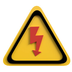 Yellow triangle 3d render with red lightning bolt warning high voltage. Suitable for electrical safety materials, warning signs, industrial presentations, and technical illustrations.