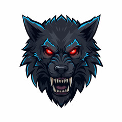 Fierce, blue accented wolf with glowing red eyes peeking from the upper corner