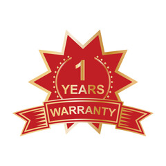 1 year warranty icon.  Warranty red golden badge icon.