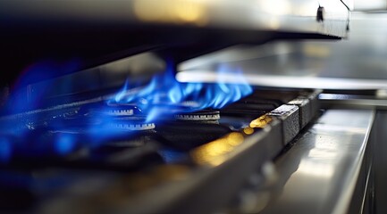 Blazing gas burners on a commercial stove