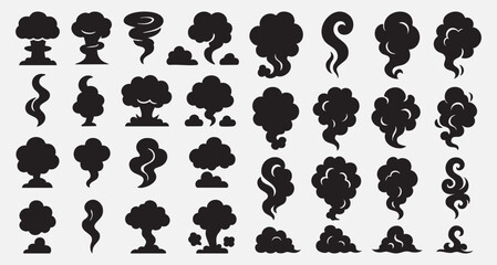 Various black smoke cloud shapes in solid style featuring puffy, thin, and spiraled designs for graphics

