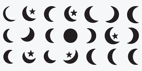 stylized black moon and star silhouettes arranged on white background in matching design style
