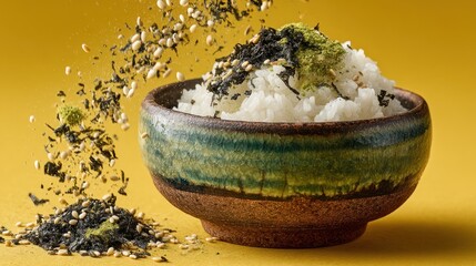 Rice in bowl with seasoning falling against yellow background.