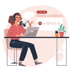 Young woman recording podcast at studio with microphone and laptop. Vector illustration about digital broadcasting, blogging and content creation