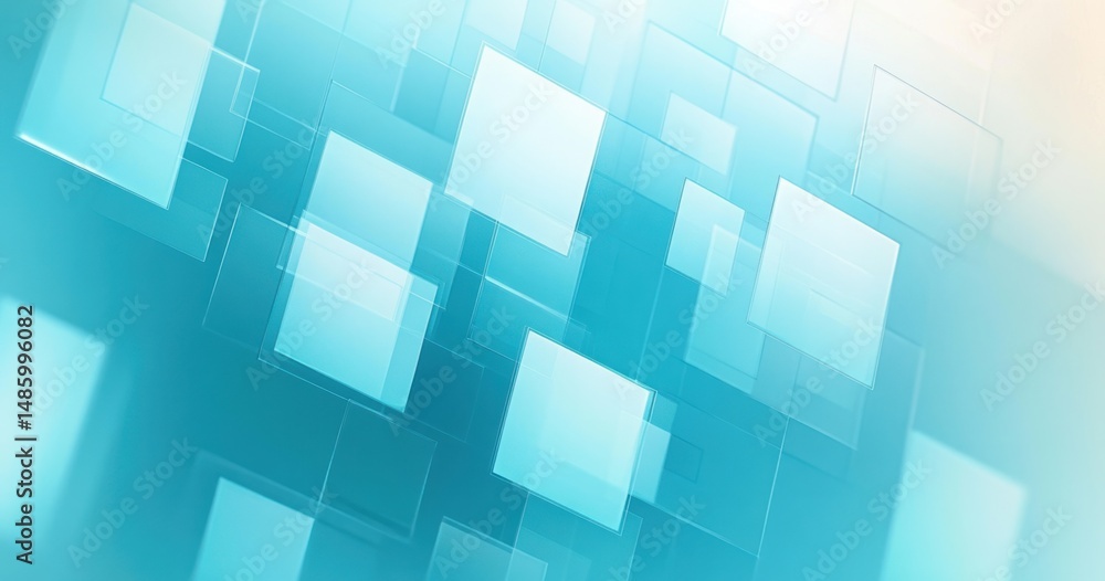 Poster abstract digital background with floating translucent blue squares on a gradient light blue and beig