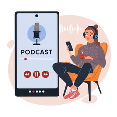 Vector illustration of a young woman listening to a podcast on her smartphone while relaxing in a chair with a cup of coffee. Digital media and audio streaming concept