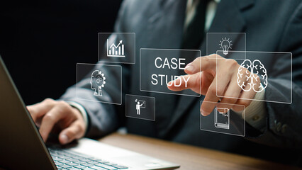 Case Study Education concept. Business person hand touching case study icon on virtual screen. Analysis of the situation to find a solution