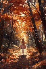 Autumn girl walking forest path