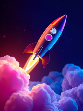 3d illustration rocket space colorful holographic in dark background for Business start up and science concept