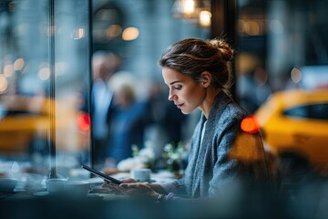 Obraz premium Female businesswoman working on a tablet in a chic coffee shop, blurred city background through the window, relaxed yet professional atmosphere, photorealistic