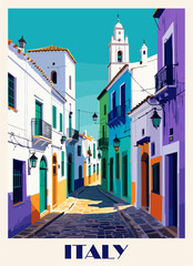 Italy travel destination poster in retro style. Colorful vector art illustration