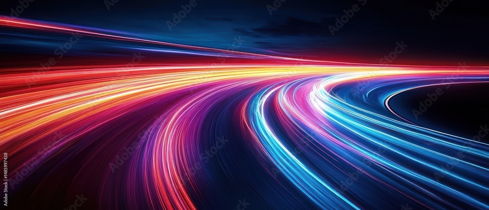 Poster dynamic curved trails of vibrant multicolored light streaks on a dark background evoking speed and f