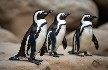 Obraz premium Three African penguins stand on rocks. Black and white birds looking in one direction. Cute marine animal posing at zoo. Birds, wildlife, fauna at natural habitat. Focus on eye, face detail.