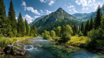 Obraz premium Ultra quality image of ultra quality image of panorama banner of mountain landscape with river and green forest.