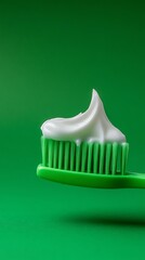 Green Toothbrush with White Toothpaste on Green Backdrop, Close Up Dental Care Hygiene