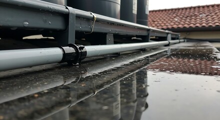 Rain-soaked rooftop featuring pipes and puddles, reflecting a cloudy sky and the surroundings.
