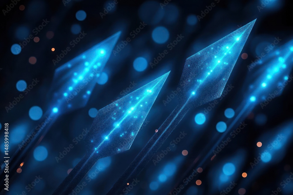 Aufkleber futuristic glowing blue arrows flying through a dark space with light particles and bokeh effect cre