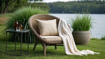 A wicker chair with pillow and blanket near a table with bottles and a lake in the background