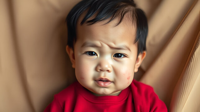 portrait of asian baby with skin rashes from allergies or irritation and itchy