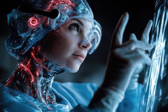 Female cybernetic surgeon performing a virtual anatomy hologram, medical technology concept art, photorealistic - Powered by Adobe